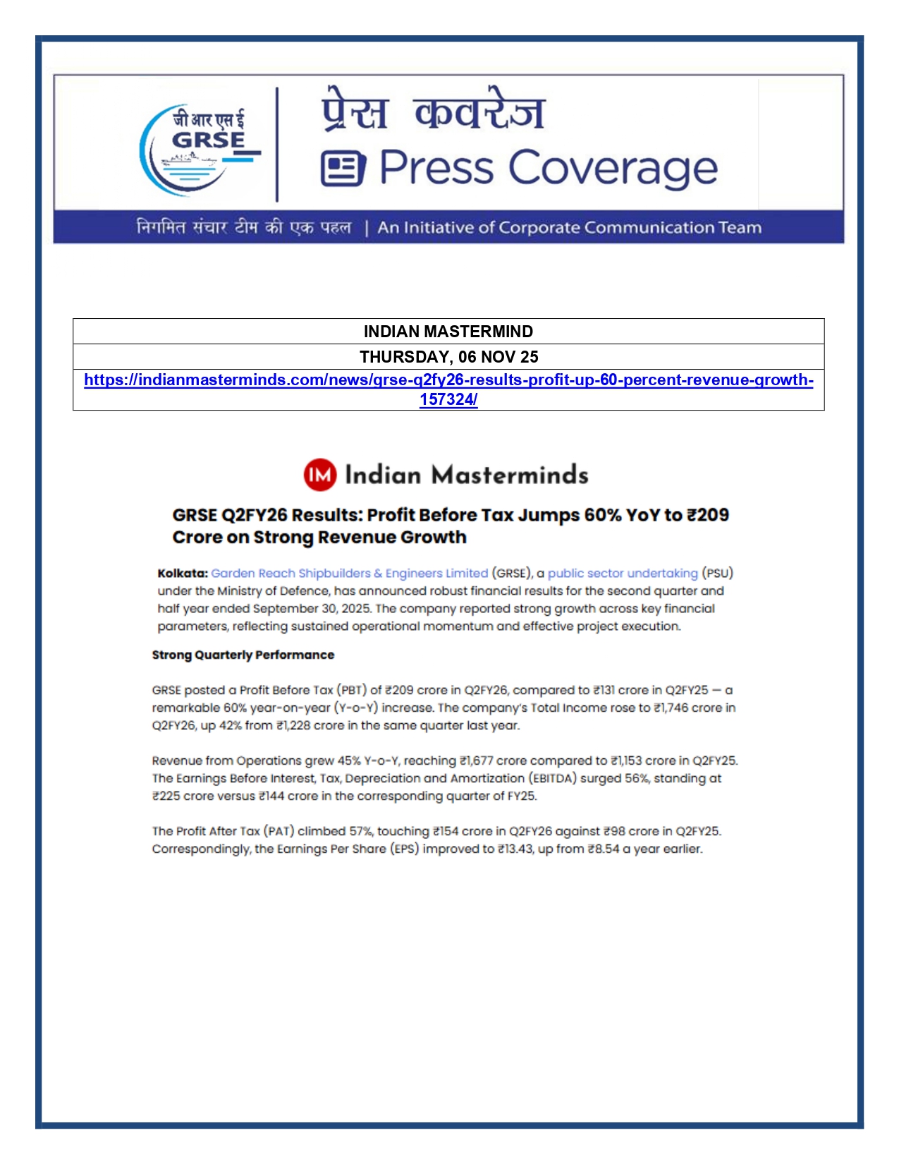  Press Coverage: 06 Nov 25: THE ECHO INDIA  